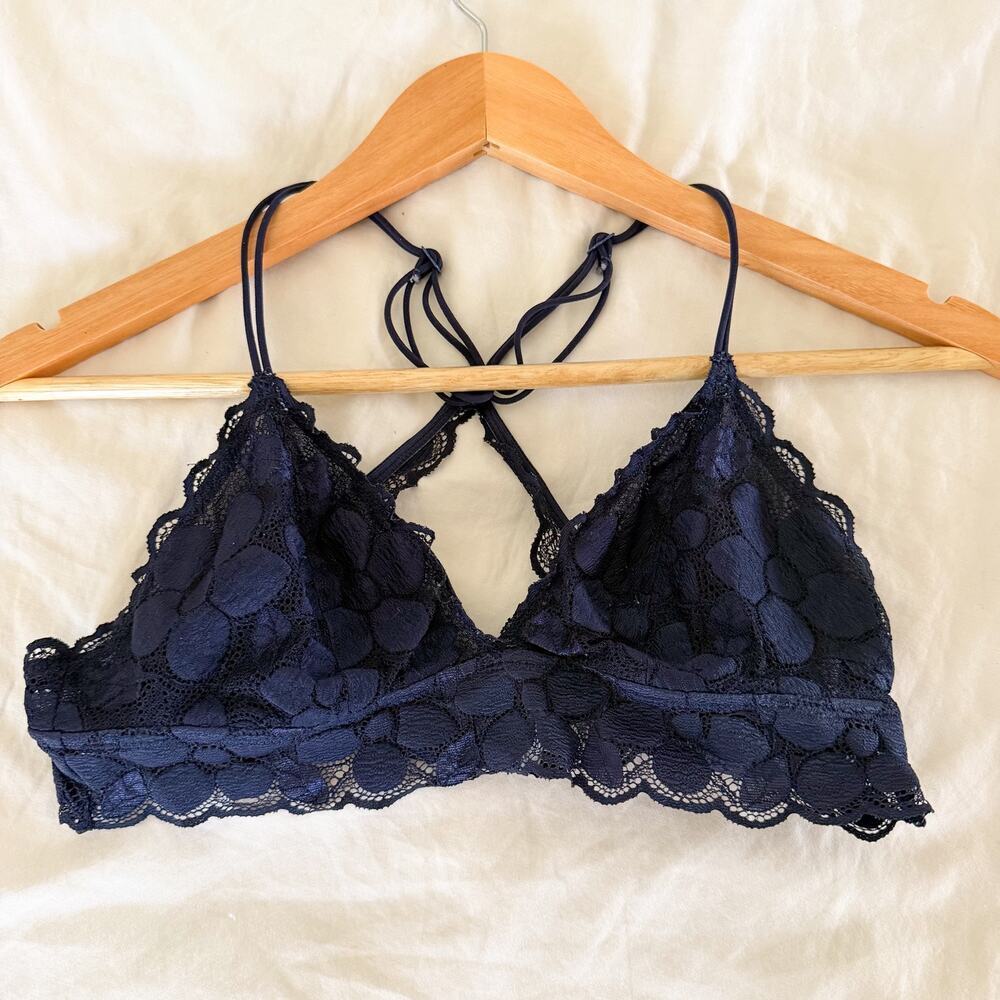 Aerie Navy Floral Lace Bralette Strappy Racerback Wireless Bra Size Medium
